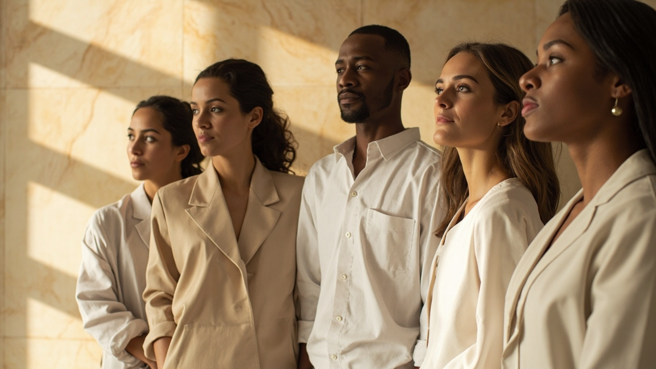 Multiethnic team of supplement industry professionals in a modern facility lobby