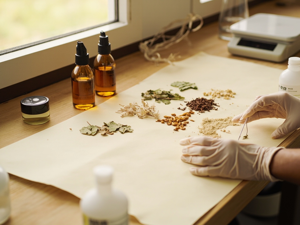 R&D laboratory with botanical ingredients and beakers