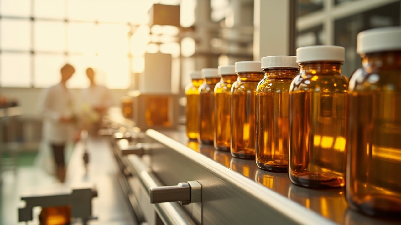 Production line with amber supplement bottles on stainless-steel conveyor
