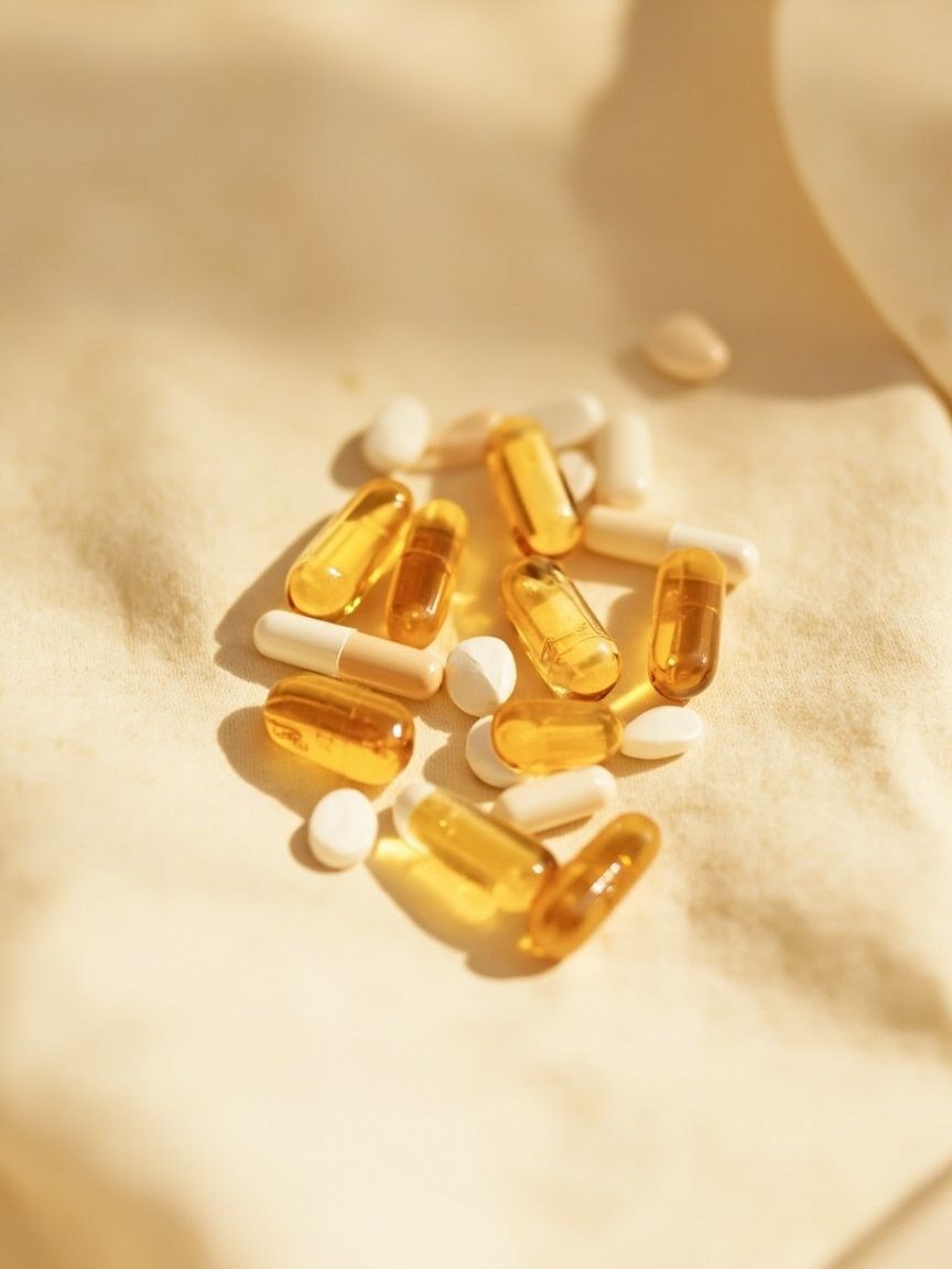 Two-tone vegan capsules on linen