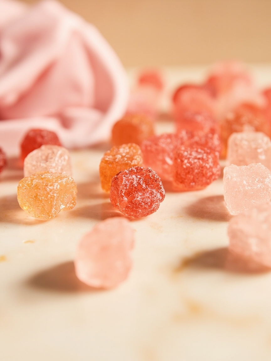 Translucent amber and pink vitamin gummies on cream marble
