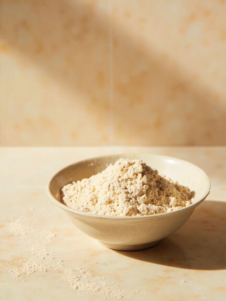Pale beige supplement powder in a ceramic bowl