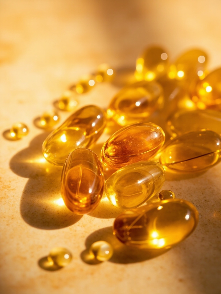 Glossy amber and gold softgel capsules