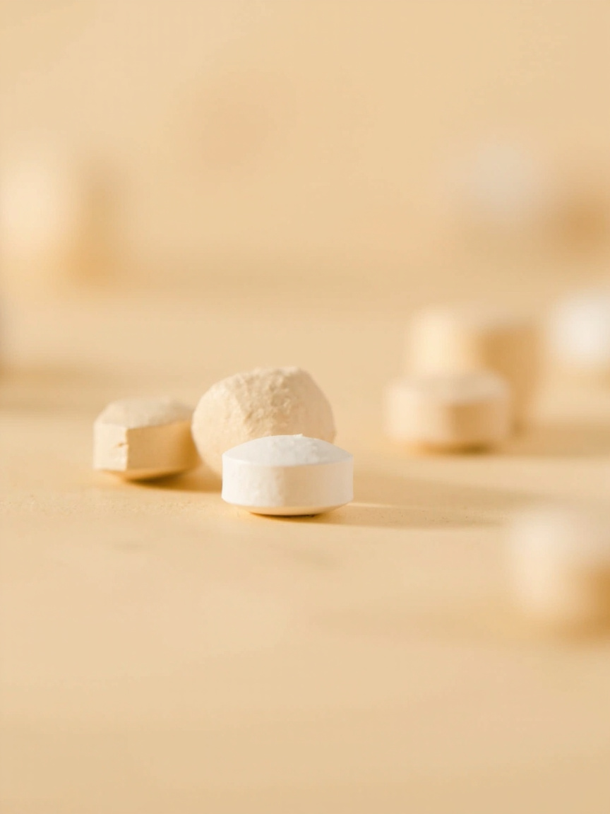 Round and oval supplement tablets in a geometric pattern